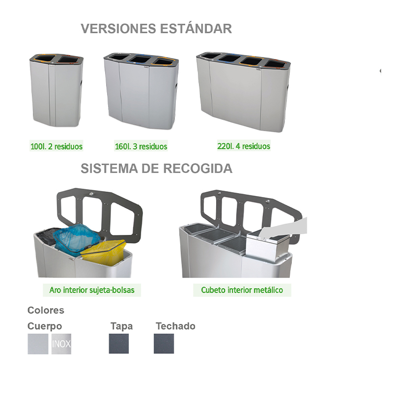 versiones estándar, sistema de recogida y colores de papelera de reciclaje