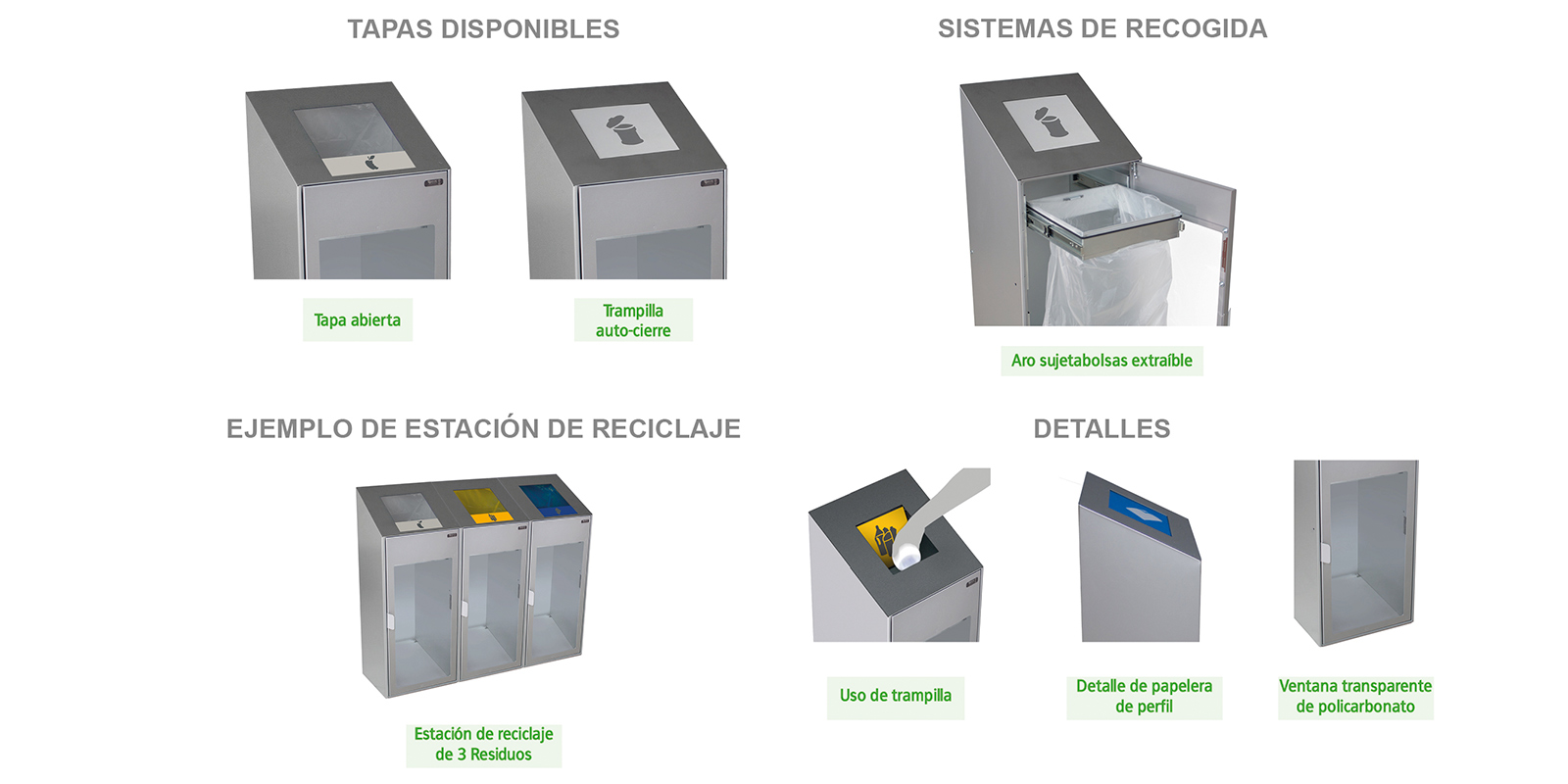 tapas, sistemas de recogida, ejemplos y detalles de estacion de reciclaje