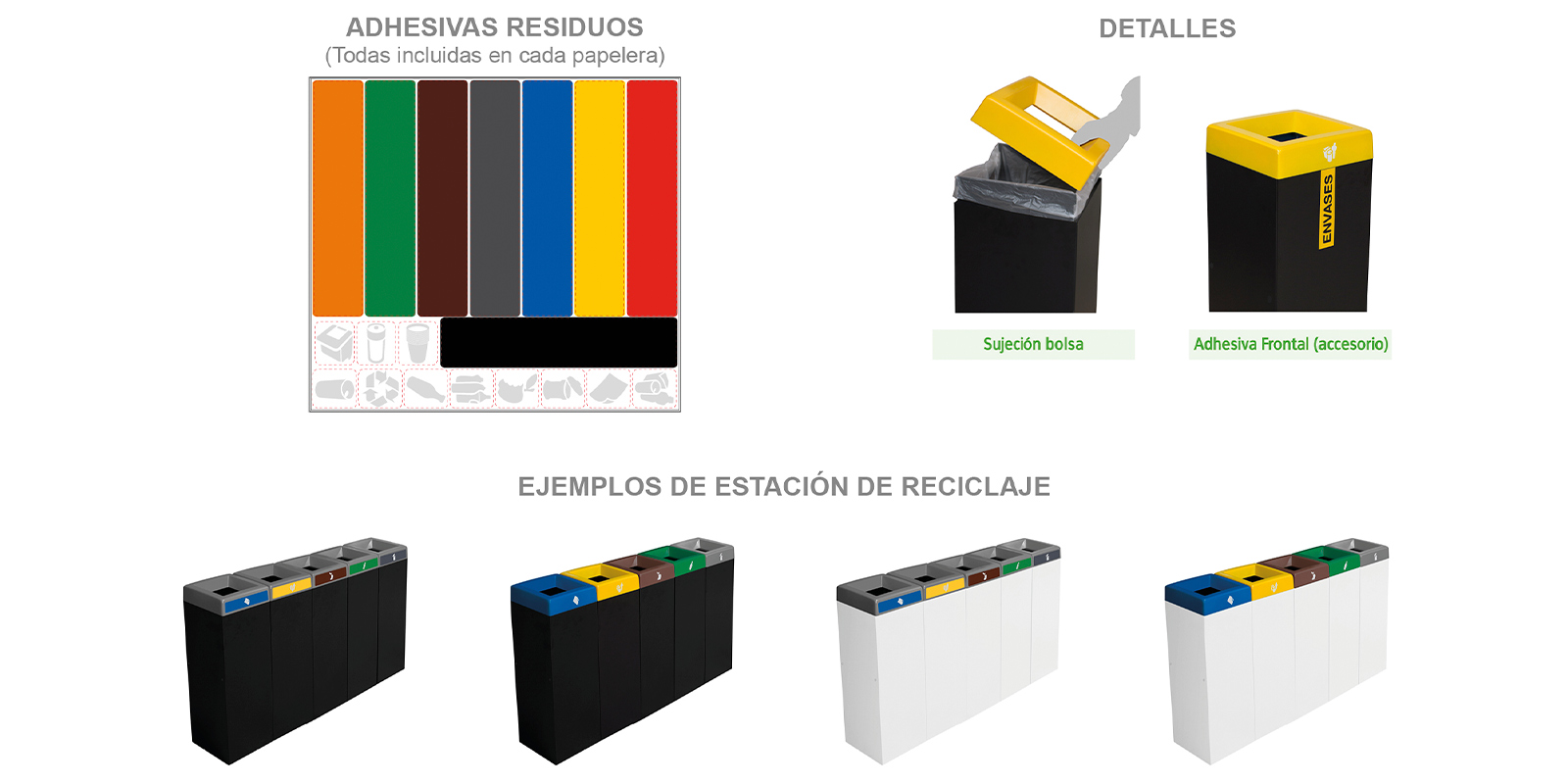 adhesivos, detalles y ejemplos de estacion de reciclaje
